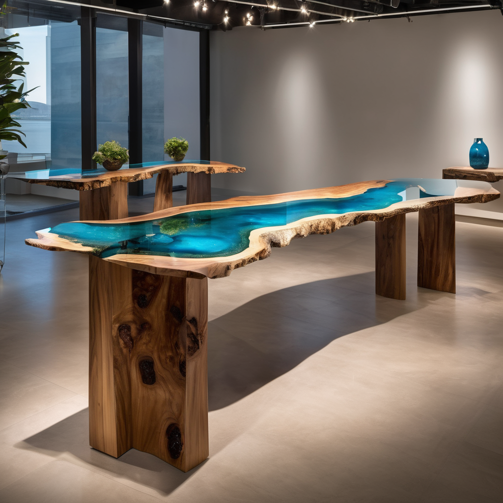 Beautiful river table showcase in elegant gallery setting with transparent colored resin