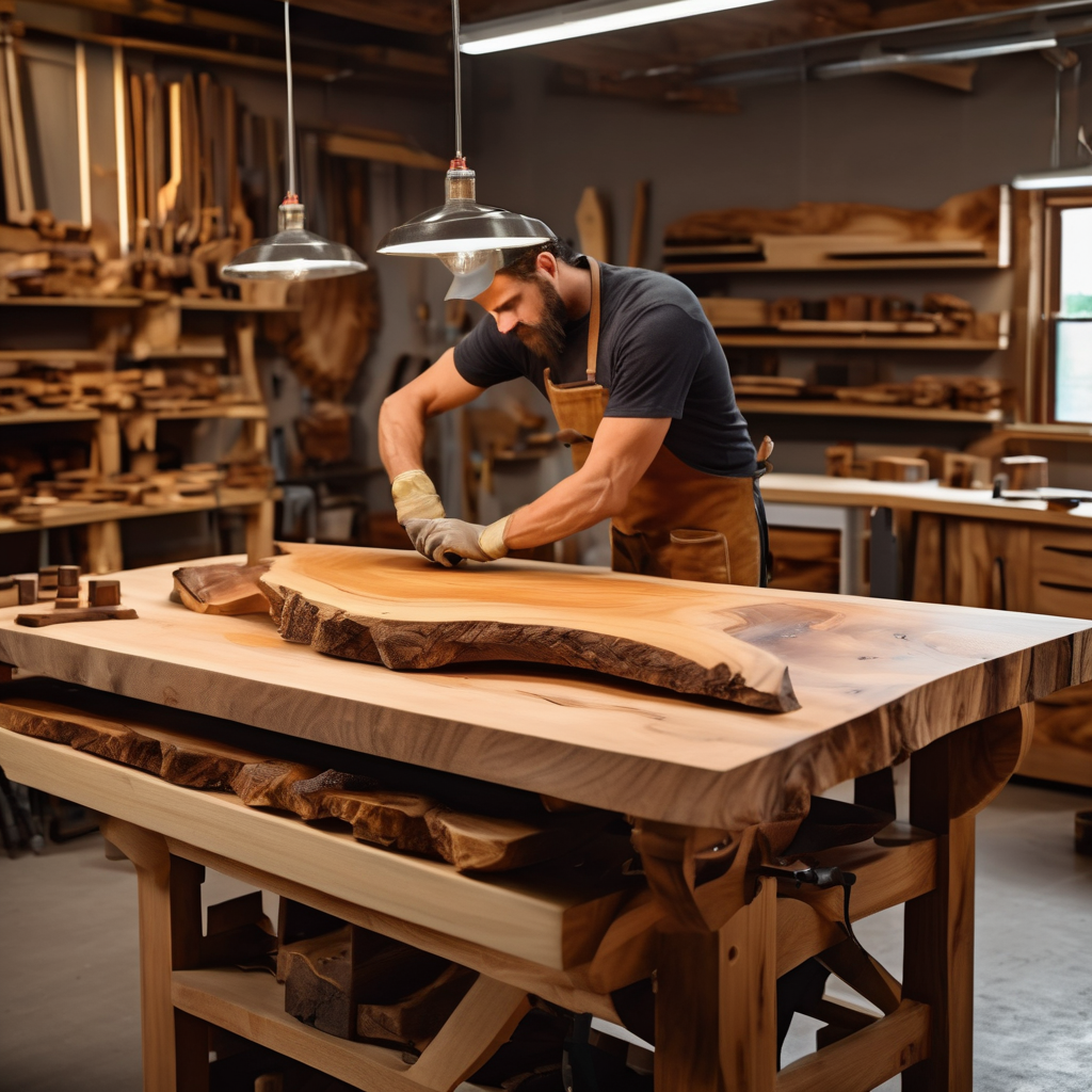 Live edge furniture professional craftsman working in modern workshop with natural wood slabs