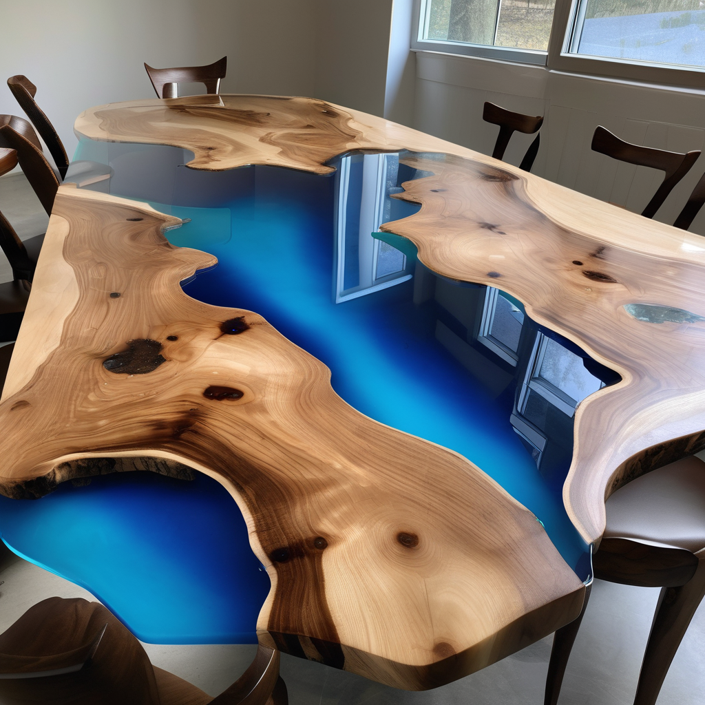 Stunning epoxy river table with translucent blue resin flowing between natural wood edges