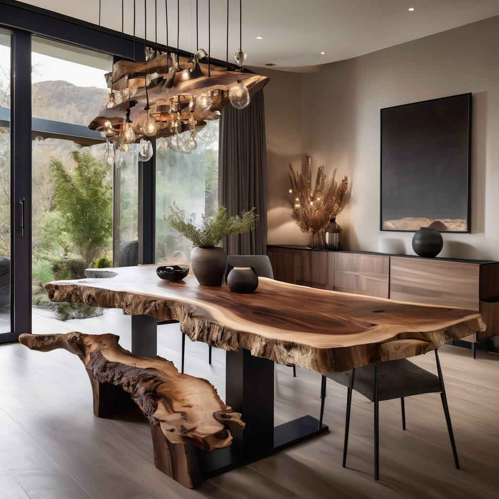 Live edge dining table in elegant home setting with natural wood edge and organic detail